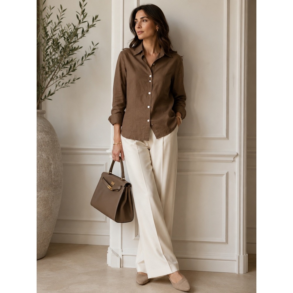 East 5th Linen Blend Lagenlook Minimalist Boho Button Up Blouse Brown Womens M‎